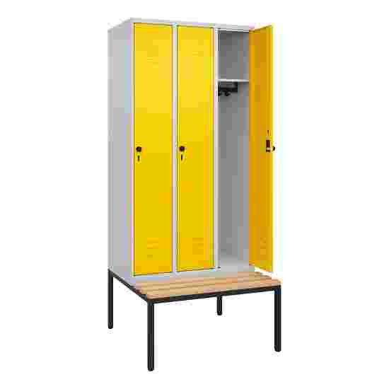 C+P Garderobenschrank &quot;Classic Plus&quot;, Abteilbreite 30 cm, mit Sitzbank 212x90x50 cm/ 3 Fächer, Verkehrsgelb (RAL 1023)