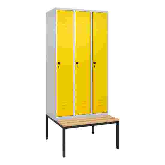 C+P Garderobenschrank &quot;Classic Plus&quot;, Abteilbreite 30 cm, mit Sitzbank 212x90x50 cm/ 3 Fächer, Verkehrsgelb (RAL 1023)