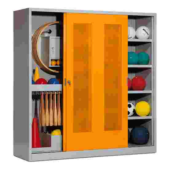 C+P Sportgeräteschrank
 (HxBxT: 195x190x60 cm, mit Lochblech-Schiebetüren, Typ 5) Gelborange (RAL 2000), Lichtgrau (RAL 7035), Einzelschließung