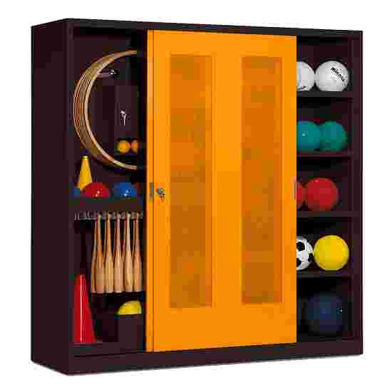 C+P Sportgeräteschrank
 (HxBxT: 195x190x60 cm, mit Lochblech-Schiebetüren, Typ 5) Gelborange (RAL 2000), Anthrazit (RAL 7021), Gleichschließung