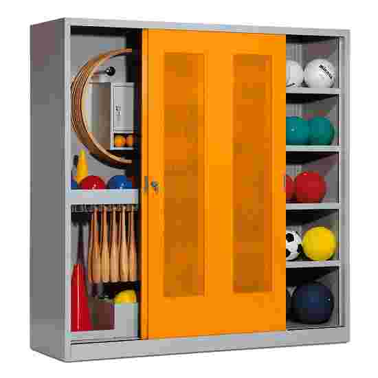 C+P Sportgeräteschrank mit Lochblech-Schiebetüren (Typ 5), HxBxT 195x190x60 cm Gelborange (RAL 2000), Lichtgrau (RAL 7035), Gleichschließung