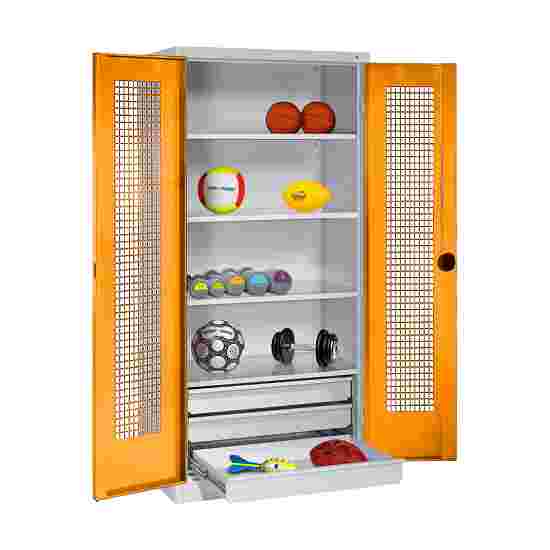 C+P Sportgeräteschrank
 mit Schubladen (HxBxT: 195x120x50 cm, mit Lochblech-Flügeltüren, Typ 4) Gelborange (RAL 2000), Lichtgrau (RAL 7035), Einzelschließung, Klinkengriff