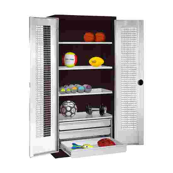 C+P Sportgeräteschrank
 mit Schubladen (HxBxT: 195x120x50 cm, mit Lochblech-Flügeltüren, Typ 4) Lichtgrau (RAL 7035), Anthrazit (RAL 7021), Einzelschließung, Ergo-Lock Muldengriff