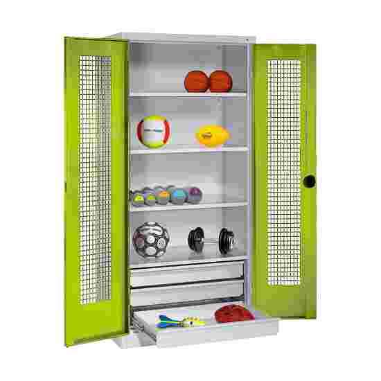 C+P Sportgeräteschrank
 mit Schubladen (HxBxT: 195x120x50 cm, mit Lochblech-Flügeltüren, Typ 4) Viridingrün (RDS 110 80 60), Lichtgrau (RAL 7035), Gleichschließung, Klinkengriff