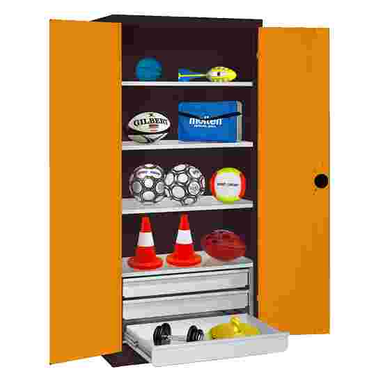 C+P Sportgeräteschrank
 mit Schubladen (HxBxT: 195x120x50 cm, mit Vollblech-Flügeltüren, Typ 4) Gelborange (RAL 2000), Anthrazit (RAL 7021), Gleichschließung, Klinkengriff