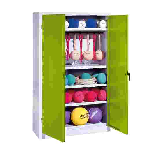 C+P Sportredskabsskab med hele stållåger (Type 2), HxBxT 195x120x50 cm Klovnegrøn (RAL 110 80 60), Lysegrå (RAL 7035), Fælleslåsning, Ergo-Lock forsænket håndtag