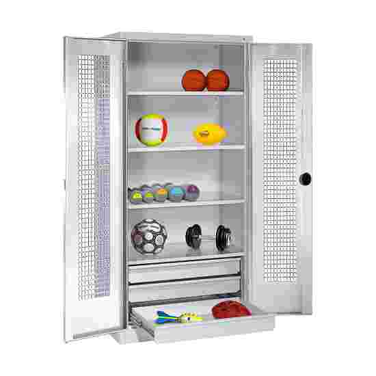 C+P Type 4 Sports Equipment Locker with Drawers and Perforated Double Doors, H×W×D: 195×120×50 cm Sports equipment cabinet Light grey (RAL 7035), Light grey (RAL 7035), Single closure, Handle