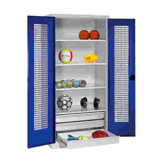 C+P Type 4 Sports Equipment Locker with Drawers and Perforated Double Doors, H×W×D: 195×120×50 cm Sports equipment cabinet Gentian blue (RAL 5010), Light grey (RAL 7035), Single closure, Handle