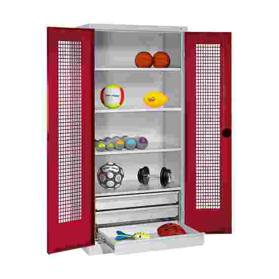 C+P Type 4 Sports Equipment Locker with Drawers and Perforated Double Doors, H×W×D: 195×120×50 cm Sports equipment cabinet Ruby red (RAL 3003), Light grey (RAL 7035), Single closure, Handle