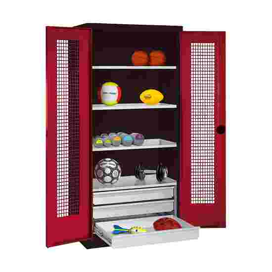 C+P Type 4 Sports Equipment Locker with Drawers and Perforated Double Doors, H×W×D: 195×120×50 cm Sports equipment cabinet Ruby red (RAL 3003), Anthracite (RAL 7021), Single closure, Handle