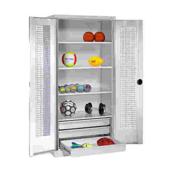 C+P Type 4 Sports Equipment Locker with Drawers and Perforated Double Doors, H×W×D: 195×120×50 cm Sports equipment cabinet Light grey (RAL 7035), Light grey (RAL 7035), Single closure, Ergo-Lock recessed handle