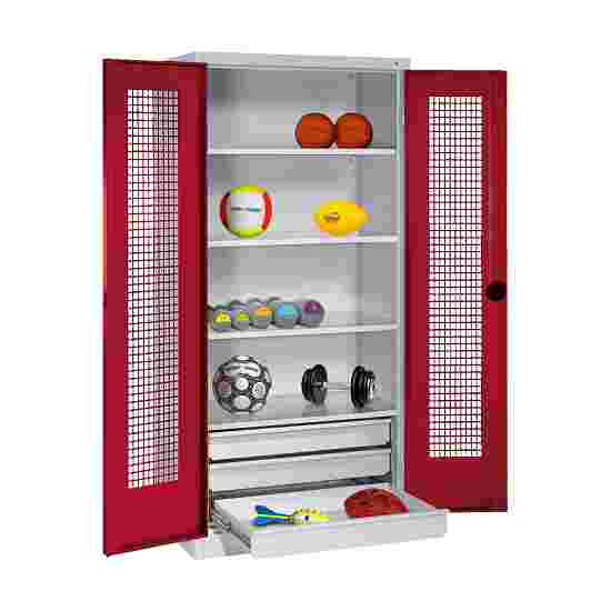 C+P Type 4 Sports Equipment Locker with Drawers and Perforated Double Doors, H×W×D: 195×120×50 cm Sports equipment cabinet Ruby red (RAL 3003), Light grey (RAL 7035), Single closure, Ergo-Lock recessed handle