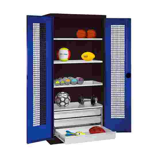 C+P Type 4 Sports Equipment Locker with Drawers and Perforated Double Doors, H×W×D: 195×120×50 cm Sports equipment cabinet Gentian blue (RAL 5010), Anthracite (RAL 7021), Single closure, Ergo-Lock recessed handle