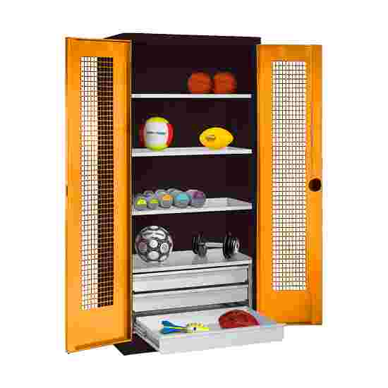 C+P Type 4 Sports Equipment Locker with Drawers and Perforated Double Doors, H×W×D: 195×120×50 cm Sports equipment cabinet Yellow orange (RAL 2000), Anthracite (RAL 7021), Single closure, Ergo-Lock recessed handle