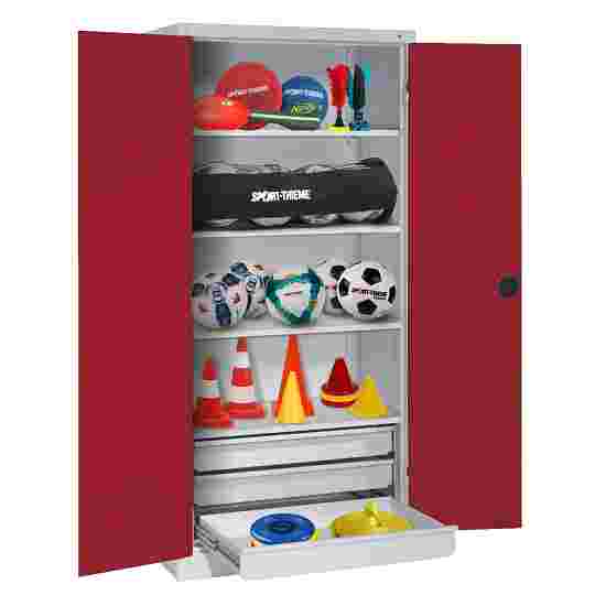 C+P Type 4 Sports Equipment Locker with Drawers and Sheet Metal Double Doors, H×W×D: 195×120×50 cm Sports equipment cabinet Ruby red (RAL 3003), Light grey (RAL 7035), Single closure, Handle