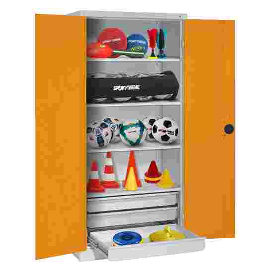 C+P Type 4 Sports Equipment Locker with Drawers and Sheet Metal Double Doors, H×W×D: 195×120×50 cm Sports equipment cabinet Yellow orange (RAL 2000), Light grey (RAL 7035), Single closure, Handle