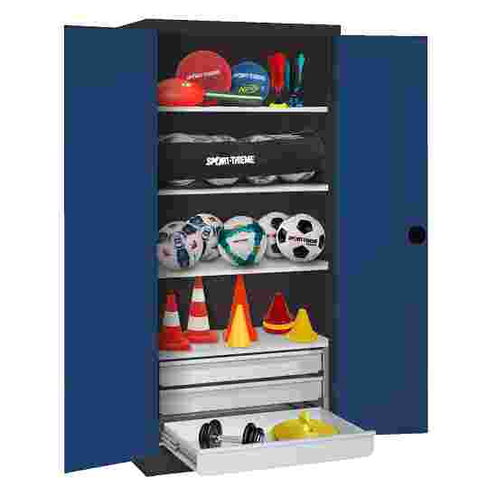 C+P Type 4 Sports Equipment Locker with Drawers and Sheet Metal Double Doors, H×W×D: 195×120×50 cm Sports equipment cabinet Gentian blue (RAL 5010), Anthracite (RAL 7021), Single closure, Handle