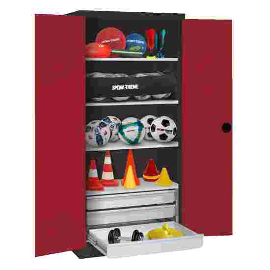 C+P Type 4 Sports Equipment Locker with Drawers and Sheet Metal Double Doors, H×W×D: 195×120×50 cm Sports equipment cabinet Ruby red (RAL 3003), Anthracite (RAL 7021), Single closure, Handle