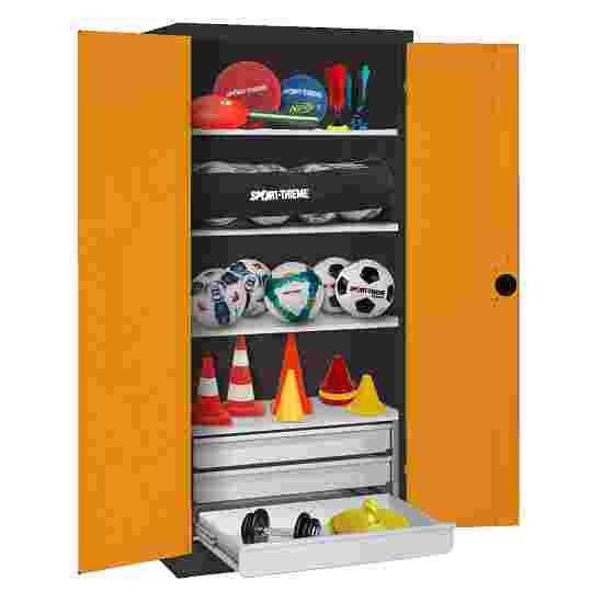 C+P Type 4 Sports Equipment Locker with Drawers and Sheet Metal Double Doors, H×W×D: 195×120×50 cm Sports equipment cabinet Yellow orange (RAL 2000), Anthracite (RAL 7021), Single closure, Handle