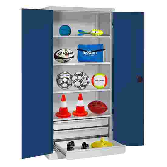 C+P Type 4 Sports Equipment Locker with Drawers and Sheet Metal Double Doors, H×W×D: 195×120×50 cm Sports equipment cabinet Gentian blue (RAL 5010), Light grey (RAL 7035), Single closure, Ergo-Lock recessed handle