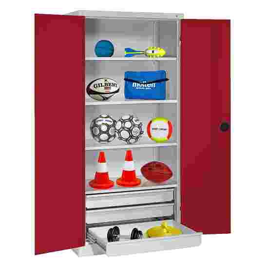 C+P Type 4 Sports Equipment Locker with Drawers and Sheet Metal Double Doors, H×W×D: 195×120×50 cm Sports equipment cabinet Ruby red (RAL 3003), Light grey (RAL 7035), Single closure, Ergo-Lock recessed handle