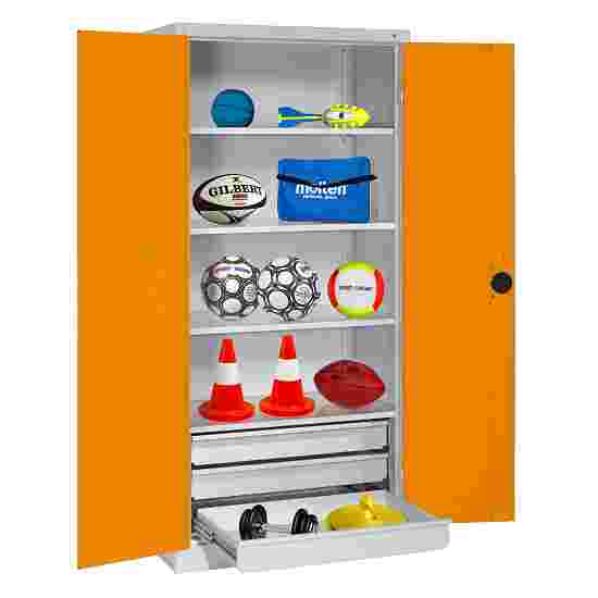 C+P Type 4 Sports Equipment Locker with Drawers and Sheet Metal Double Doors, H×W×D: 195×120×50 cm Sports equipment cabinet Yellow orange (RAL 2000), Light grey (RAL 7035), Single closure, Ergo-Lock recessed handle