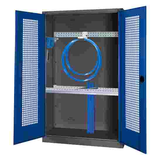 Modul Redskabsskab med basisudstyr, HxBxD 195x120x50 cm, med hullede stållåger Ensianblå (RAL 5010), Antracit (RAL 7021), Enkeltlåsning, Ergo-Lock forsænket håndtag