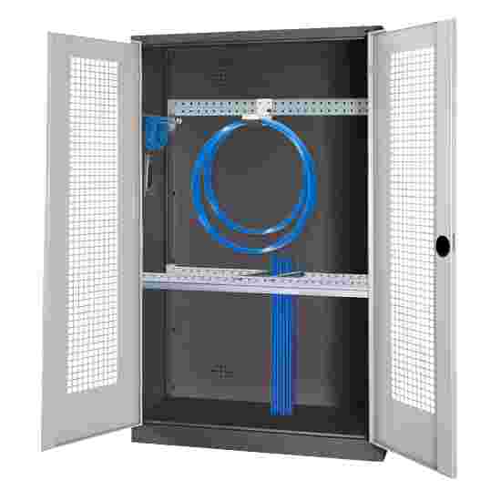 Modul Redskabsskab med basisudstyr, HxBxD 195x120x50 cm, med hullede stållåger Lysegrå (RAL 7035), Antracit (RAL 7021), Fælleslåsning, Ergo-Lock forsænket håndtag