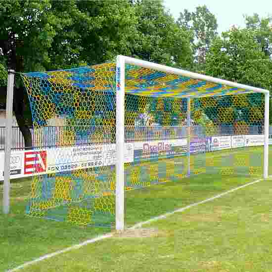 Sport-Thieme Großfeld-Fußballtor in Bodenhülsen stehend, mit freier Netzaufhängung, Alu Weiß einbrennlackiert , Netzhalter