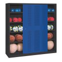 C+P Ballschrank mit Lochblech-Schiebetüren (Typ 4), HxBxT 195x190x60 cm Enzianblau (RAL 5010), Anthrazit (RAL 7021), Einzelschließung