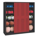 C+P Ballschrank mit Lochblech-Schiebetüren (Typ 4), HxBxT 195x190x60 cm Rubinrot (RAL 3003), Anthrazit (RAL 7021), Einzelschließung