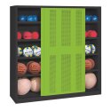 C+P Ballschrank mit Lochblech-Schiebetüren (Typ 4), HxBxT 195x190x60 cm Clowngrün (RAL 110 80 60), Anthrazit (RAL 7021), Einzelschließung