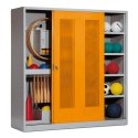 C+P Sportgeräteschrank
 (HxBxT: 195x190x60 cm, mit Lochblech-Schiebetüren, Typ 5) Gelborange (RAL 2000), Lichtgrau (RAL 7035), Einzelschließung