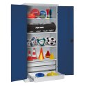C+P Type 4 Sports Equipment Locker with Drawers and Sheet Metal Double Doors, H×W×D: 195×120×50 cm Sports equipment cabinet Gentian blue (RAL 5010), Light grey (RAL 7035), Single closure, Handle