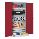 C+P Type 4 Sports Equipment Locker with Drawers and Sheet Metal Double Doors, H×W×D: 195×120×50 cm Sports equipment cabinet Ruby red (RAL 3003), Light grey (RAL 7035), Single closure, Handle
