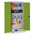 C+P Type 4 Sports Equipment Locker with Drawers and Sheet Metal Double Doors, H×W×D: 195×120×50 cm Sports equipment cabinet Viridian green (RDS 110 80 60), Handle, Light grey (RAL 7035), Single closure, Viridian green (RDS 110 80 60), Light grey (RAL 7035), Single closure, Handle