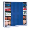 C+P Ballschrank mit Lochblech-Schiebetüren (Typ 4), HxBxT 195x120x50 cm Enzianblau (RAL 5010), Lichtgrau (RAL 7035), Einzelschließung