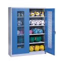 C+P Ballschrank mit Lochblech-Flügeltüren (Typ 3), HxBxT 195x150x50 cm Enzianblau (RAL 5010), Lichtgrau (RAL 7035), Einzelschließung, Ergo-Lock Muldengriff