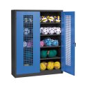 C+P Ballschrank mit Lochblech-Flügeltüren (Typ 3), HxBxT 195x150x50 cm Enzianblau (RAL 5010), Anthrazit (RAL 7021), Einzelschließung, Ergo-Lock Muldengriff