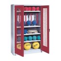 C+P Sportgeräteschrank mit Lochblech-Flügeltüren (Typ 2), HxBxT 195x120x50 cm Rubinrot (RAL 3003), Lichtgrau (RAL 7035), Einzelschließung, Ergo-Lock Muldengriff