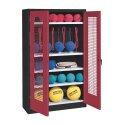 C+P Sportgeräteschrank mit Lochblech-Flügeltüren (Typ 2), HxBxT 195x120x50 cm Rubinrot (RAL 3003), Anthrazit (RAL 7021), Einzelschließung, Ergo-Lock Muldengriff