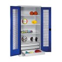 C+P Type 4 Sports Equipment Locker with Drawers and Perforated Double Doors, H×W×D: 195×120×50 cm Sports equipment cabinet Gentian blue (RAL 5010), Ergo-Lock recessed handle, Light grey (RAL 7035), Single closure, Gentian blue (RAL 5010), Light grey (RAL 7035), Single closure, Ergo-Lock recessed handle