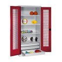 C+P Type 4 Sports Equipment Locker with Drawers and Perforated Double Doors, H×W×D: 195×120×50 cm Sports equipment cabinet Ruby red (RAL 3003), Ergo-Lock recessed handle, Light grey (RAL 7035), Single closure, Ruby red (RAL 3003), Light grey (RAL 7035), Single closure, Ergo-Lock recessed handle