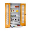 C+P Type 4 Sports Equipment Locker with Drawers and Perforated Double Doors, H×W×D: 195×120×50 cm Sports equipment cabinet Yellow orange (RAL 2000), Ergo-Lock recessed handle, Light grey (RAL 7035), Single closure, Yellow orange (RAL 2000), Light grey (RAL 7035), Single closure, Ergo-Lock recessed handle