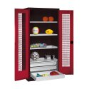 C+P Sportgeräteschrank mit Schubladen und Lochblech-Flügeltüren (Typ 4),  HxBxT 195x120x50 cm Rubinrot (RAL 3003), Anthrazit (RAL 7021), Einzelschließung, Ergo-Lock Muldengriff