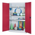 C+P Modul-Sportgeräteschrank "Komplettausstattung" mit Vollblech-Flügeltüren, HxBxT 195x120x50 cm Rubinrot (RAL 3003), Lichtgrau (RAL 7035), Einzelschließung, Ergo-Lock Muldengriff