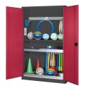 C+P Modul-Sportgeräteschrank "Komplettausstattung" mit Vollblech-Flügeltüren, HxBxT 195x120x50 cm Rubinrot (RAL 3003), Anthrazit (RAL 7021), Einzelschließung, Ergo-Lock Muldengriff