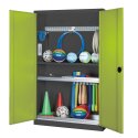 C+P Modul-Sportgeräteschrank "Komplettausstattung" mit Vollblech-Flügeltüren, HxBxT 195x120x50 cm Clowngrün (RAL 110 80 60), Anthrazit (RAL 7021), Einzelschließung, Ergo-Lock Muldengriff