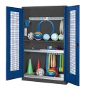 C+P Modul-Sportgeräteschrank "Komplettausstattung" mit Lochblech-Flügeltüren, HxBxT 195x120x50 cm Enzianblau (RAL 5010), Anthrazit (RAL 7021), Einzelschließung, Ergo-Lock Muldengriff