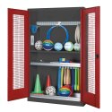 C+P Modul-Sportgeräteschrank "Komplettausstattung" mit Lochblech-Flügeltüren, HxBxT 195x120x50 cm Rubinrot (RAL 3003), Anthrazit (RAL 7021), Einzelschließung, Ergo-Lock Muldengriff